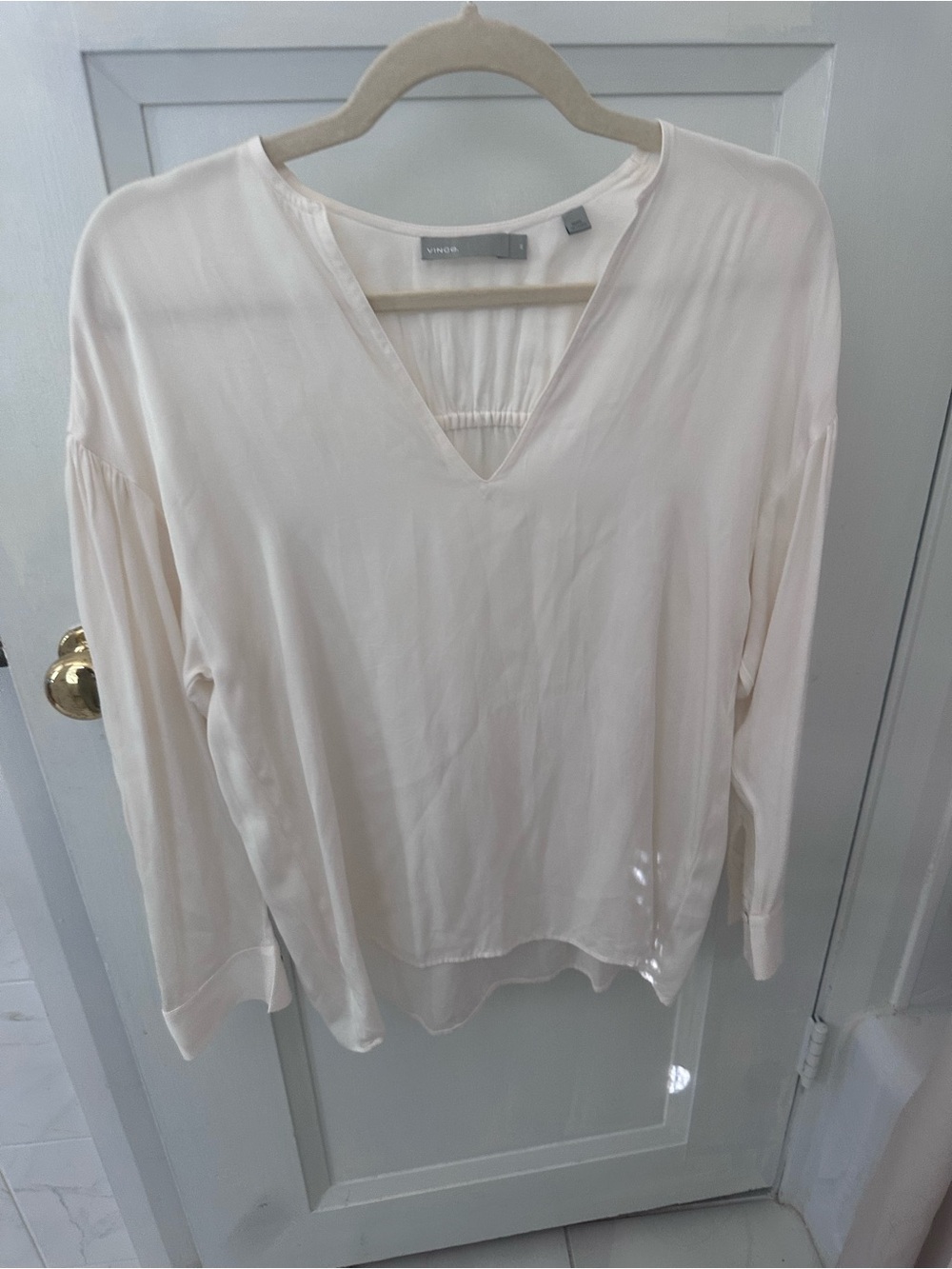 Vince Soft Cream Silk V-Neck Long Sleeve Blouse